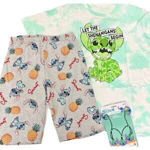 DISNEY STITCH St. Patrick’s Day OUTFIT Tee Necklace Shorts WOMEN'S SIZE S NEW